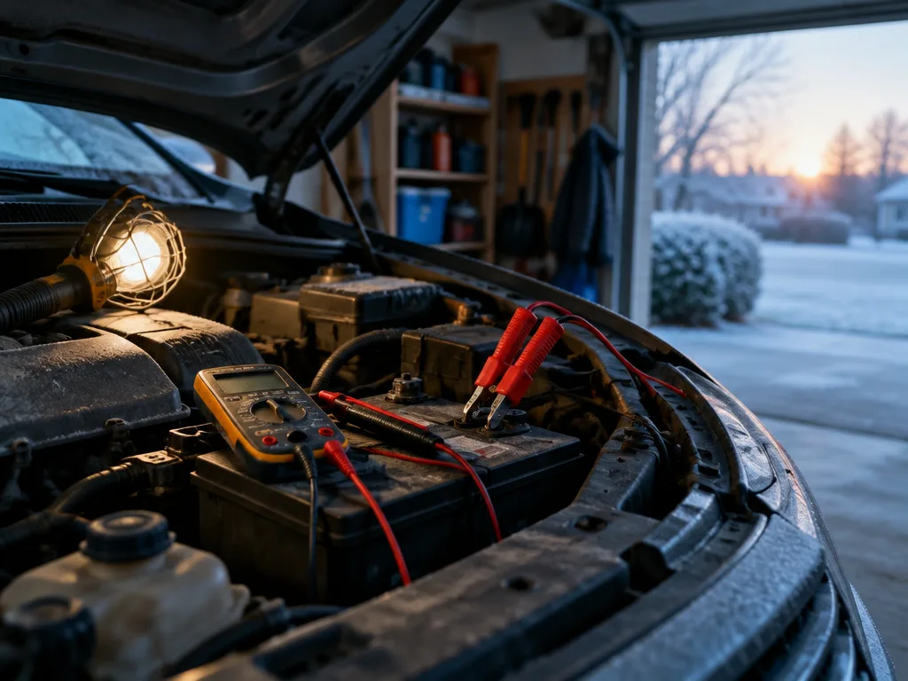 Öppen motorhuv i ett garage en frostig morgon med multimeter och startkablar på bilbatteriet under en arbetslampa
