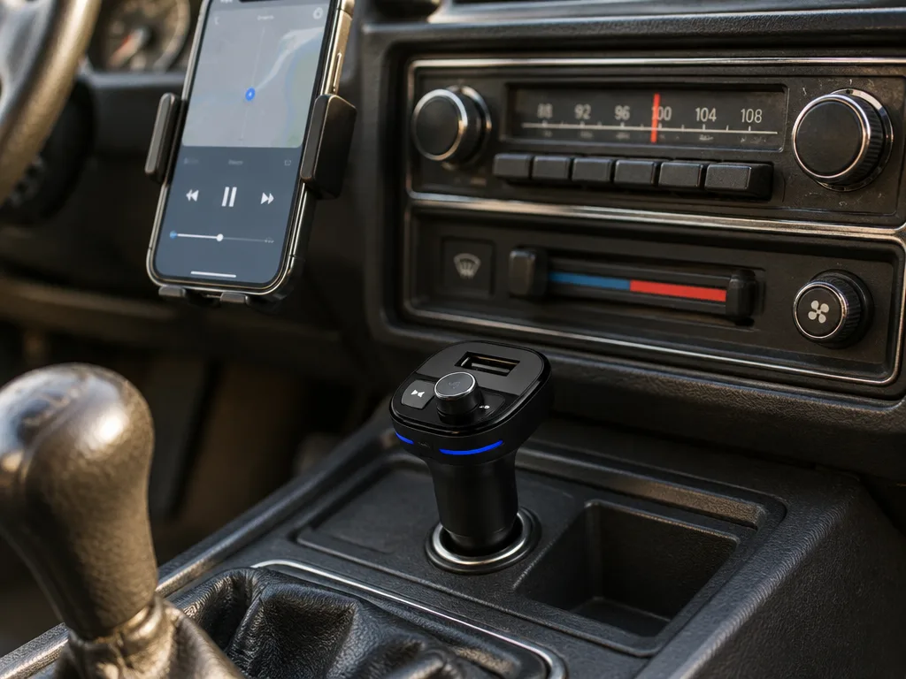 FM-sändare med Bluetooth i cigarettuttaget i mittkonsolen på en äldre bil, mobilen i en hållare bredvid bilradion