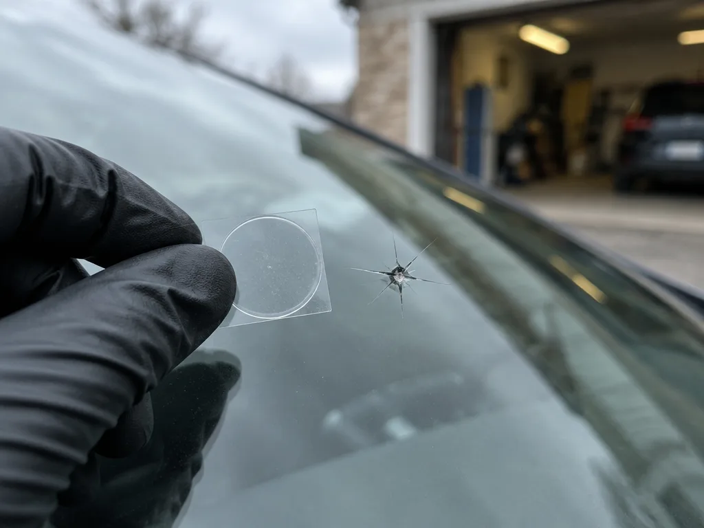 Hand i svart arbetshandske håller ett genomskinligt stenskottsplåster bredvid ett stjärnformat stenskott i en bils vindruta, med ett garage i bakgrunden