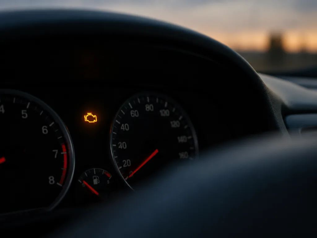 Instrumentpanel i skymning där den gula motorlampan lyser mellan varvräknaren och hastighetsmätaren