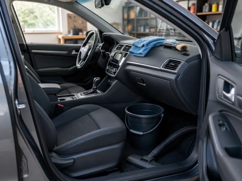 Bilens förarplats med öppen dörr, mikrofiberduk och pensel på instrumentpanelen, hink och dammsugarmunstycke på golvet i ett garage