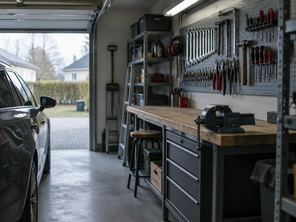 Ett städat hemmagarage med en bil, en verktygsvägg och en rullbar verktygsvagn
